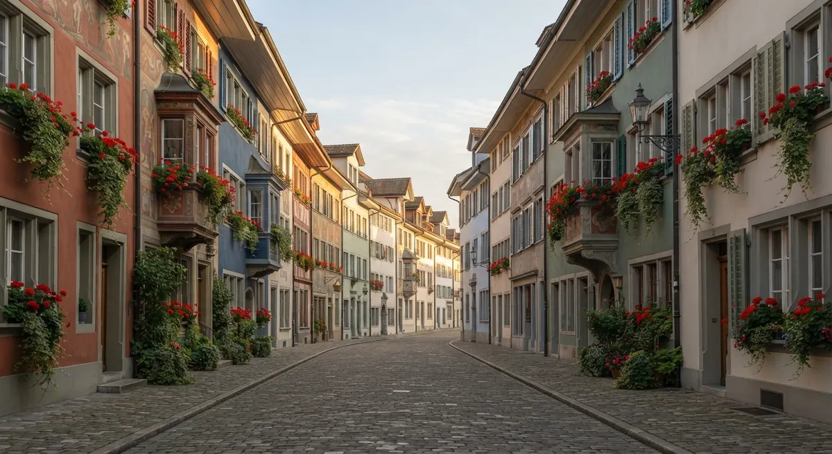 Gasse in der Winterthurer Altstadt mit Geschäften und Fussgängern am Vormittag