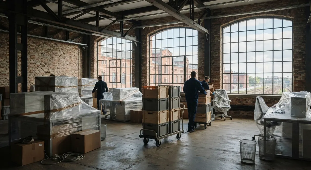 Verpackte Arbeitsplätze und Rollcontainer in einem hellen Büro in einem ehemaligen Industriegebäude