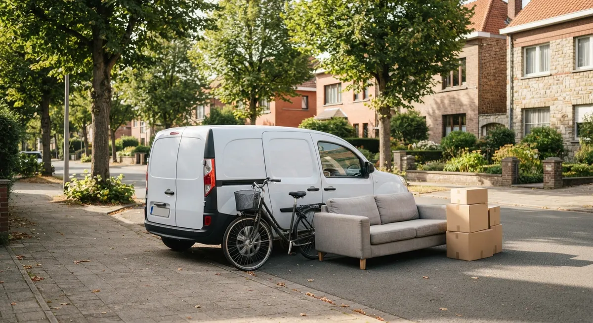 Wenige Kartons, ein Velo und ein Sessel vor einem Mehrfamilienhaus in Winterthur